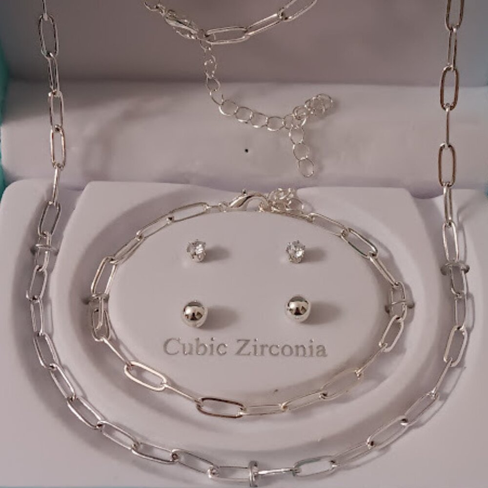 DANECRAFT 4pc Silver Plated Bracelet/Ball & CZ Earrings/Oval Link Chain Necklace